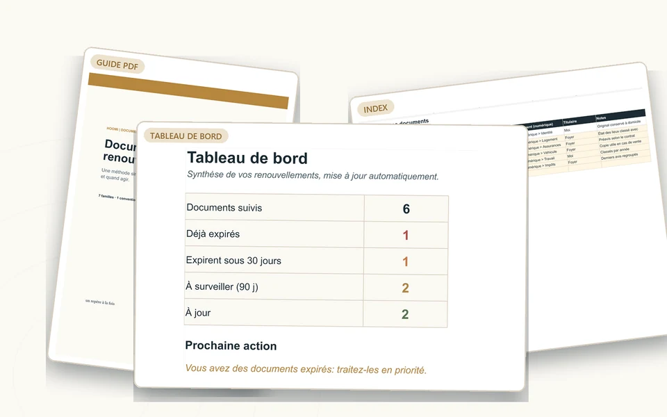 Contenu du kit Documents & Renewals : guide PDF, index des documents et tableau de bord Excel.