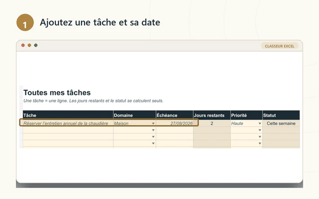 Saisie d’une tâche et de sa date dans l’onglet Tâches.