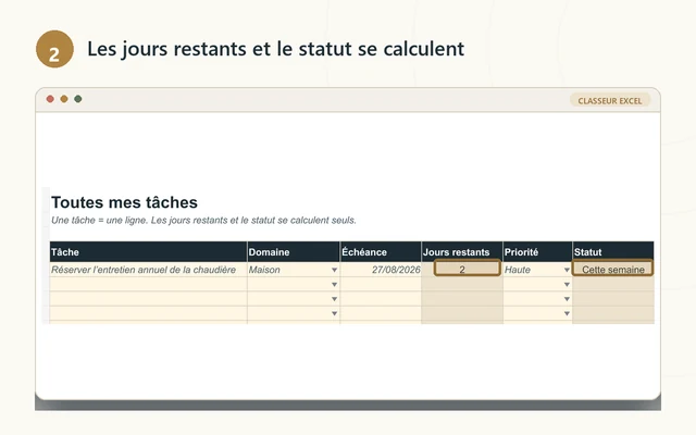 Colonnes calculées des jours restants et du statut, en beige.