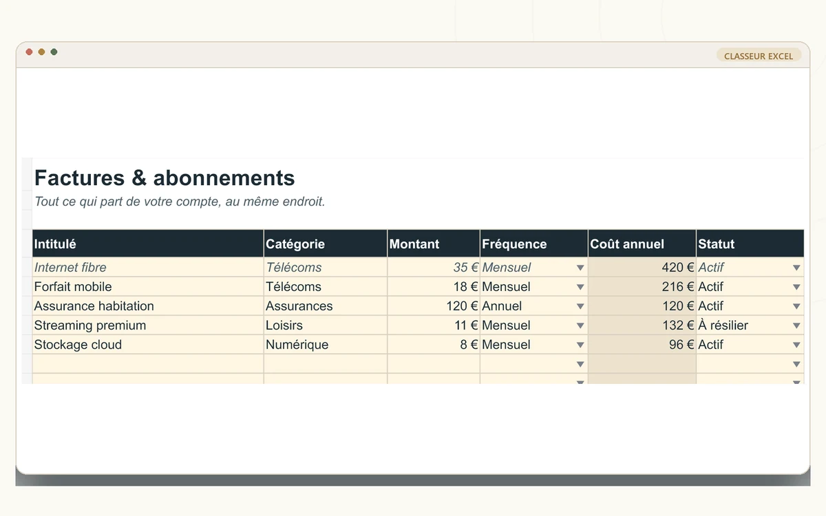 Onglet Factures et abonnements de Hoomi avec les montants, fréquences et coûts annuels.