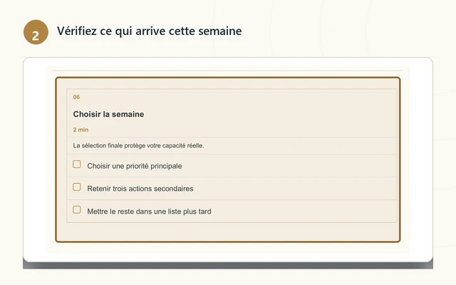 Vérification des rendez-vous, paiements, repas et échéances.