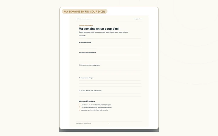 Feuille Ma semaine en un coup d’œil du Weekly Life Reset.